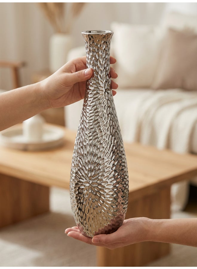 ايست من نون Ceramic Vase for Floral Decorative arrangement, Ht-46.4 cm | Silver Color | Flora Etch Design | Size -13.5x13.5x46.4 cm | Perfect for decorativing your living room, Ideal for decorating coffee table, dinning table, console table or any office or living space - Image 4